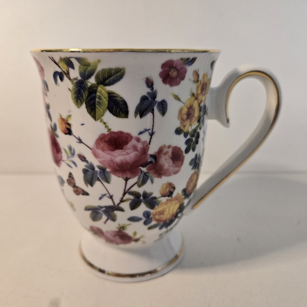 Grace TeaWare Cabbage Rose Fine China Gold Trim Flower Footed Mug Cup Coffee